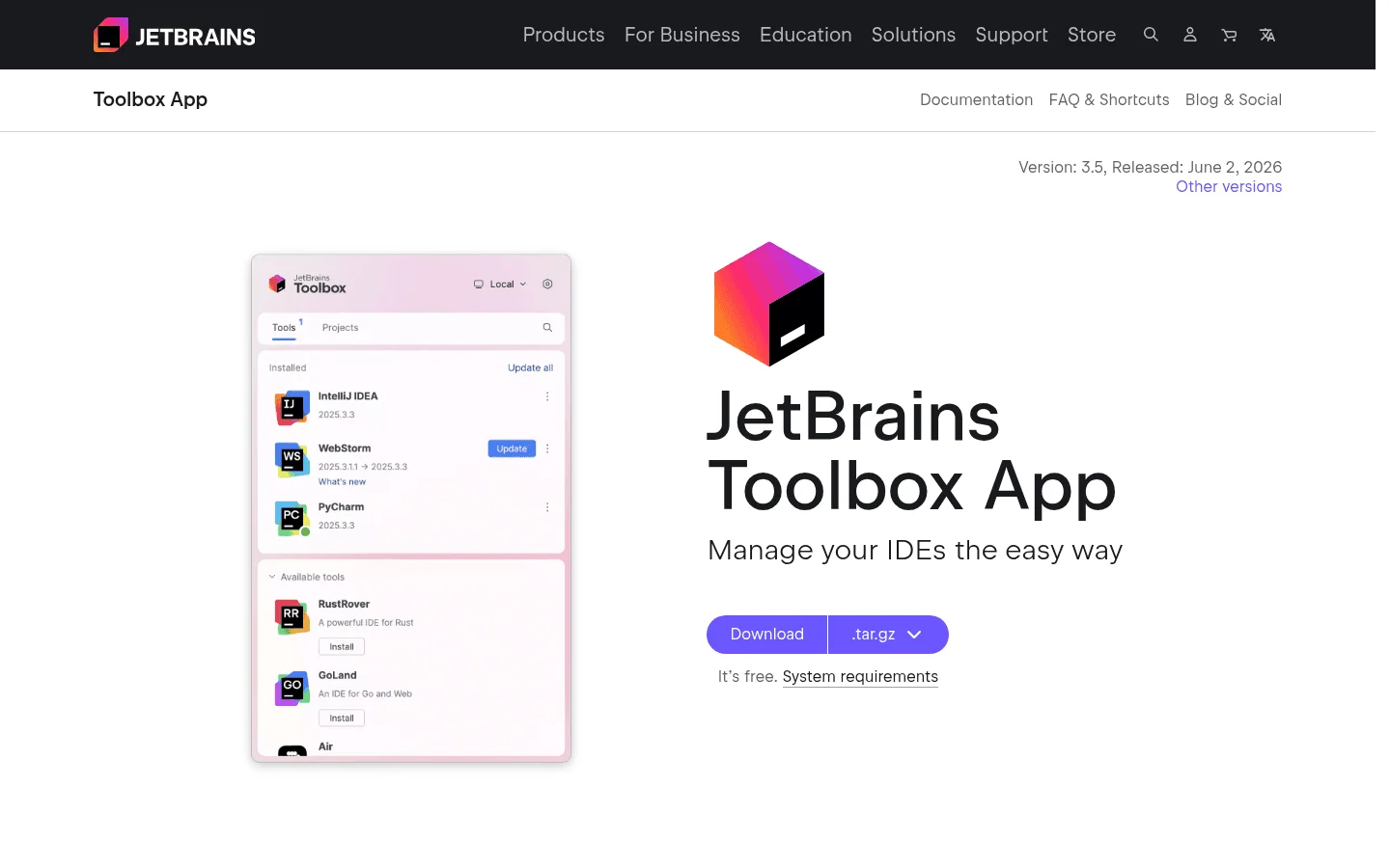 JetBrains Toolbox App homepage screenshot for Linux IDE management