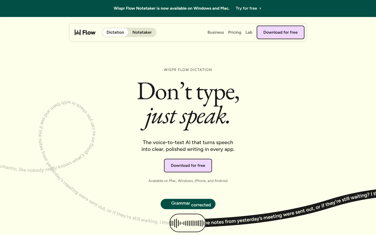 Wispr Flow dictation landing page