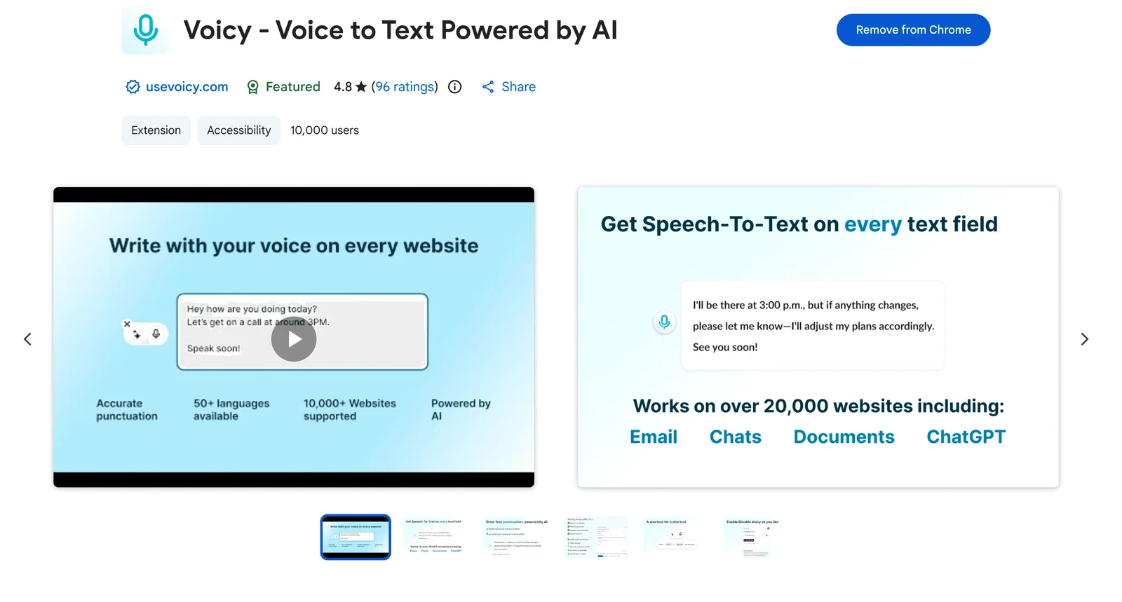 Voicy Chrome Extension for Chromebook web store screenshot