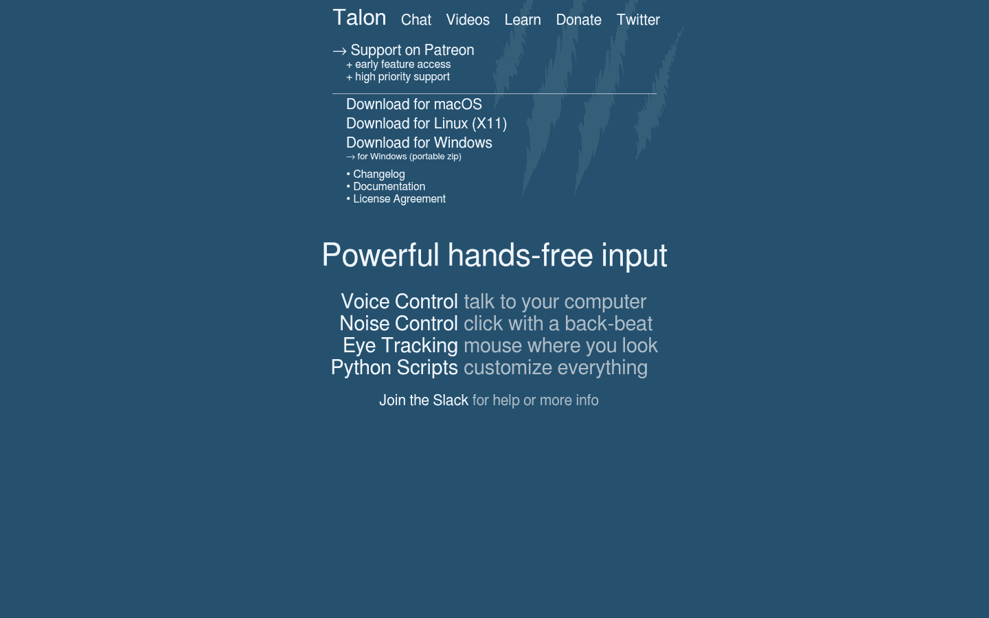 Talon Voice homepage showing powerful hands-free input