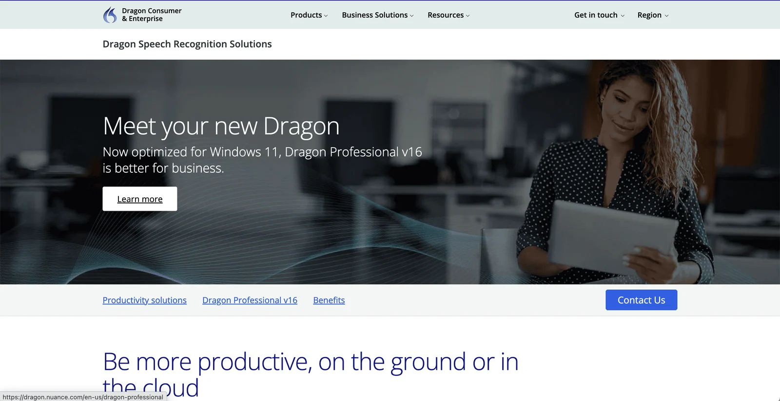 Dragon speech recognition homepage screenshot