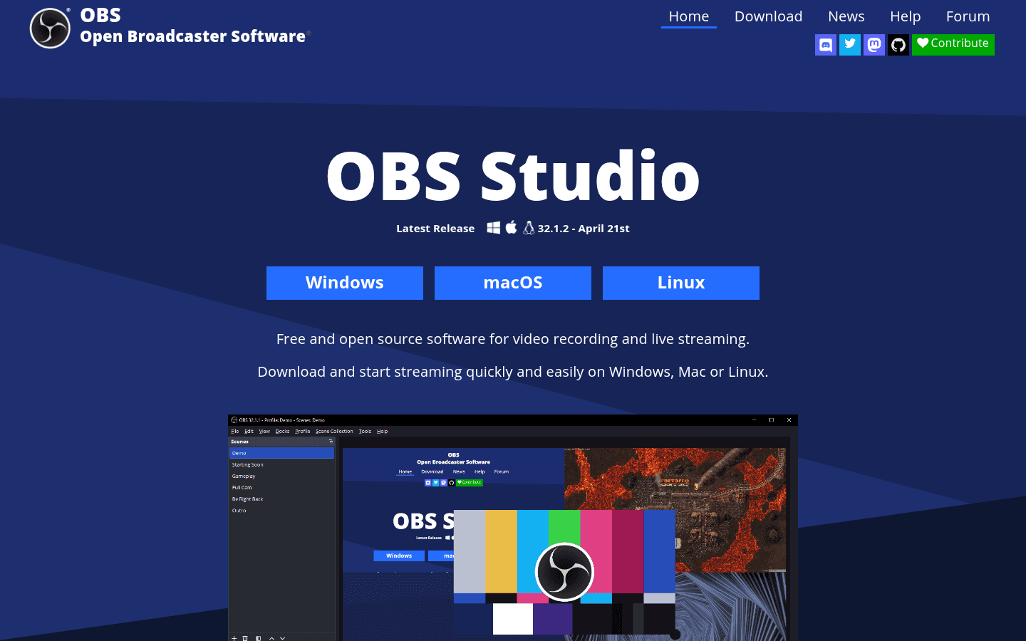 OBS Studio homepage screenshot for screen recording on Linux