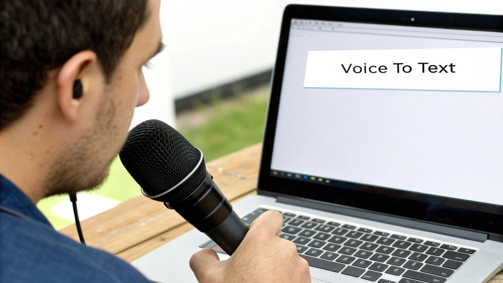 A man speaking into a microphone with an earbud, using voice-to-text software on a laptop.