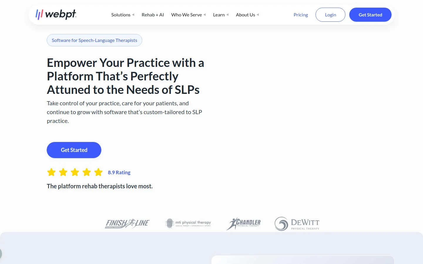 WebPT speech-language pathology software homepage screenshot