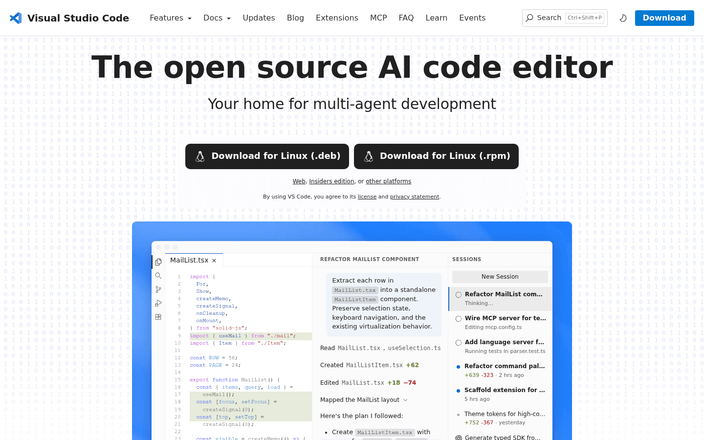 Visual Studio Code Linux code editor homepage screenshot