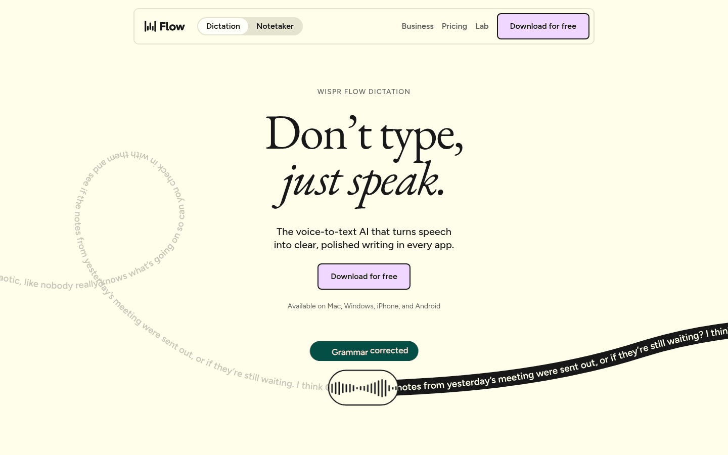 Capture d’écran du site de l’application de dictée vocale Wispr Flow