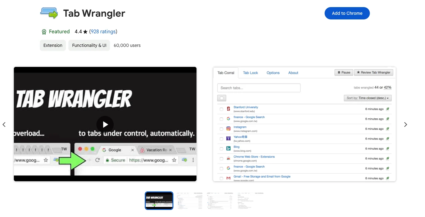 Tab Wrangler Chrome extension page