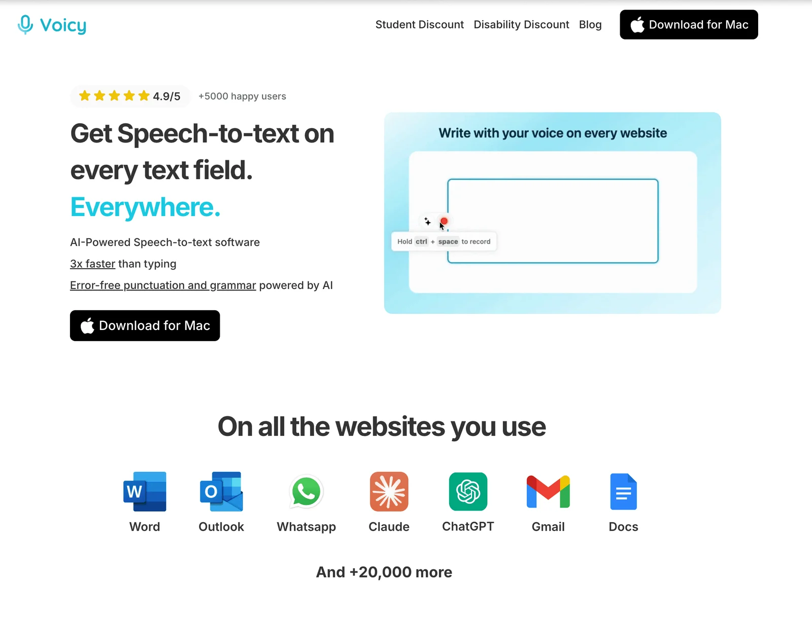 Voicy Speech to Text App homepage screenshot