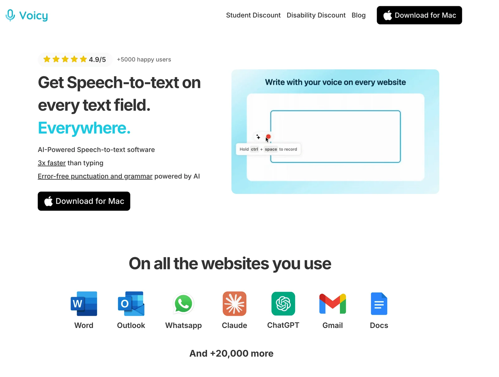 Voicy Speech to Text App homepage screenshot