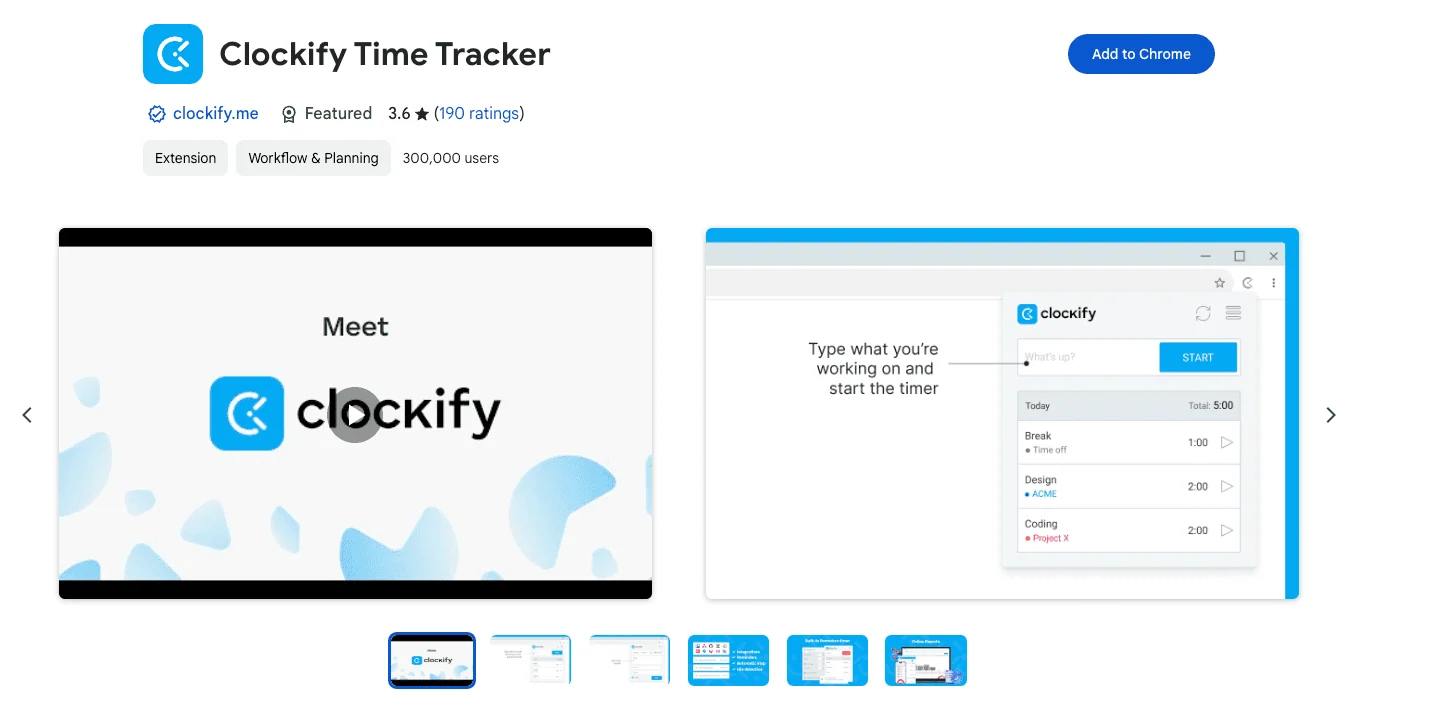 Screenshot of the Clockify Time Tracker Chrome Extension