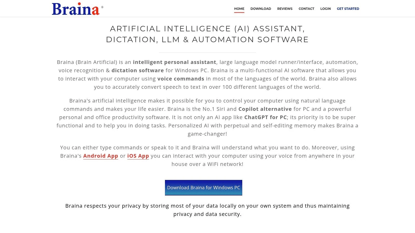 Screenshot of the homepage of Braina, an artificial intelligence assistant and dictation software. 