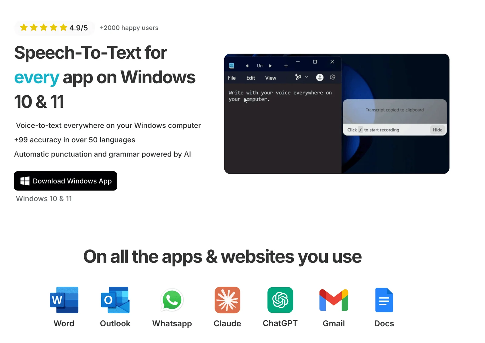 Screenshot of the homepage for the Voicy Speech Text app, specifically for Windows 10 and 11.
