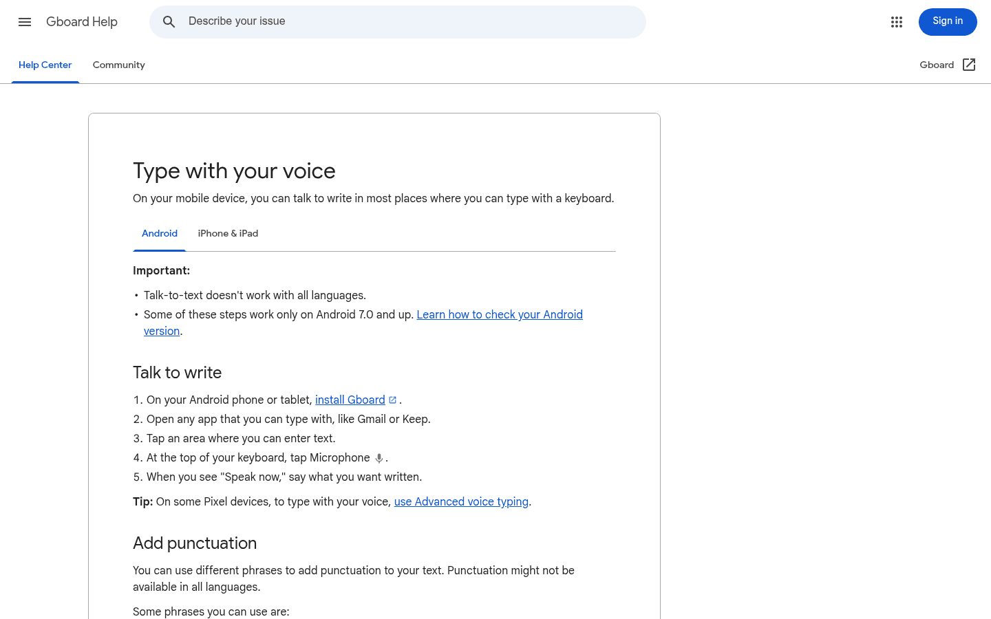 Gboard voice typing support page screenshot