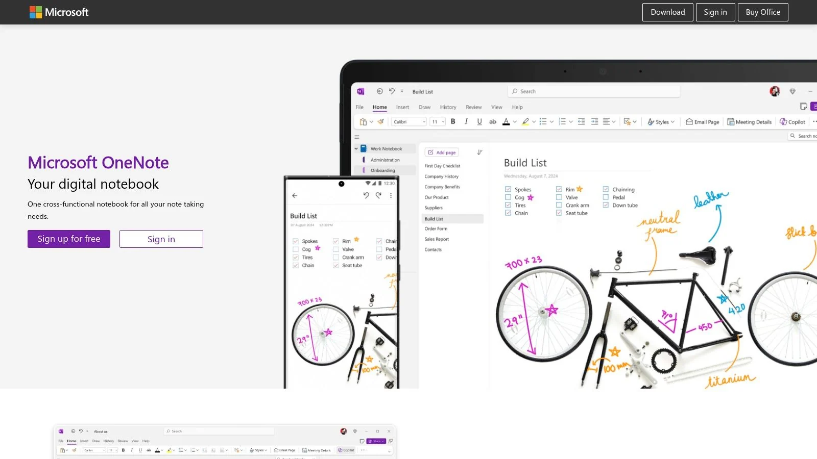 Screenshot of Microsoft OneNote homepage 