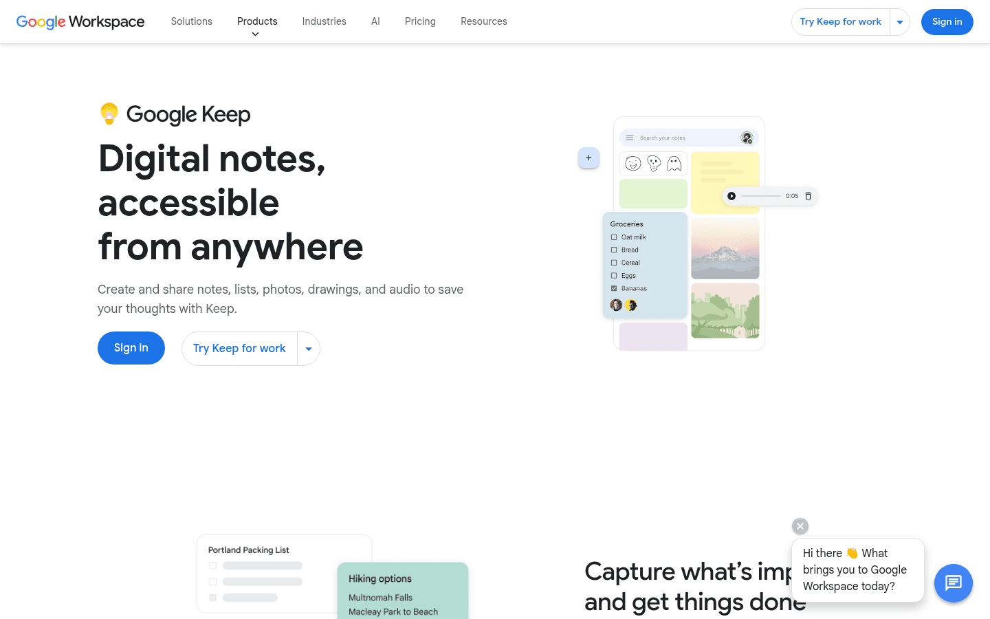 Google Keep notes app homepage screenshot
