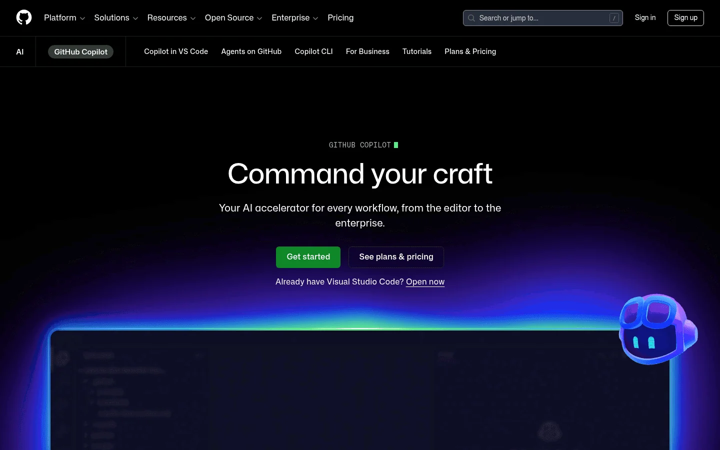 GitHub Copilot AI coding assistant homepage screenshot