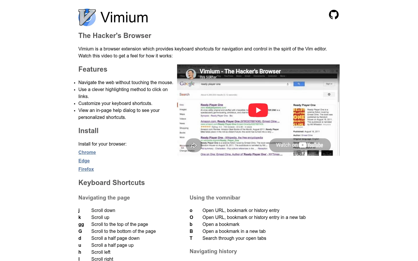 Vimium homepage screenshot