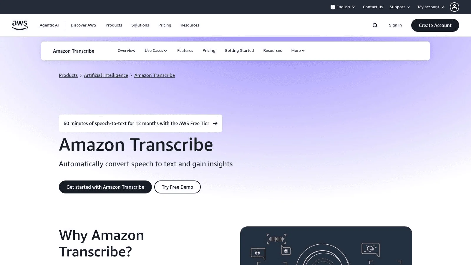 Amazon Transcribe homepage. 