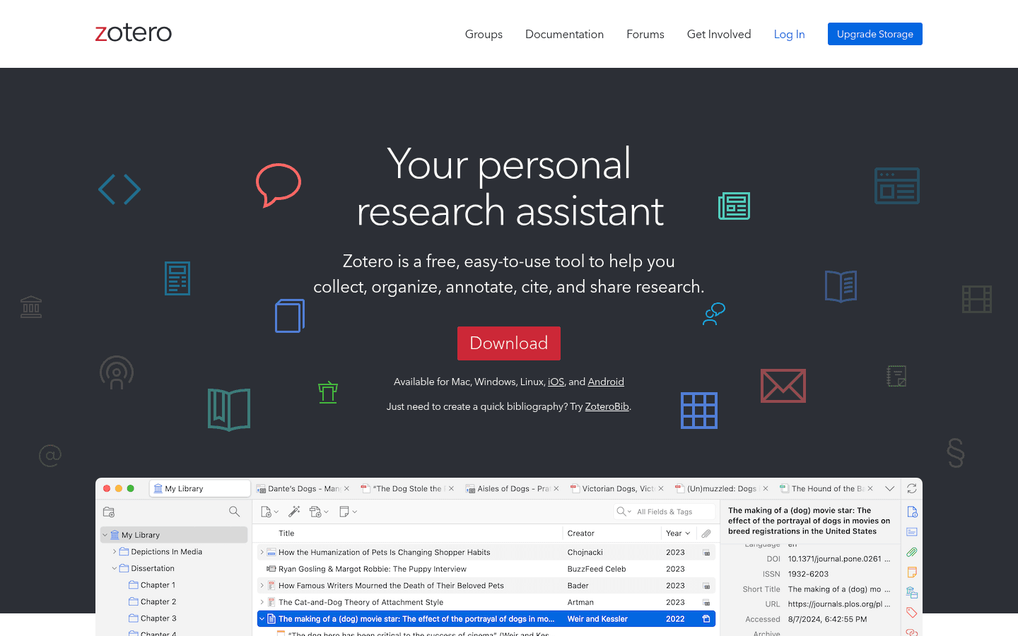 Zotero research and citation manager homepage screenshot