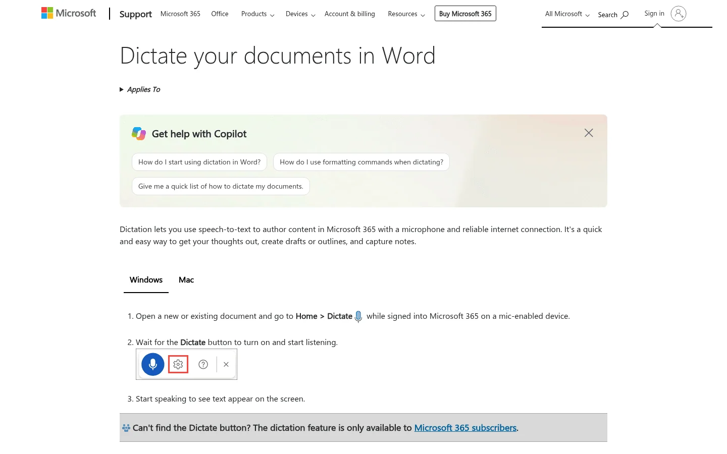 Microsoft Dictate support page for Word screenshot