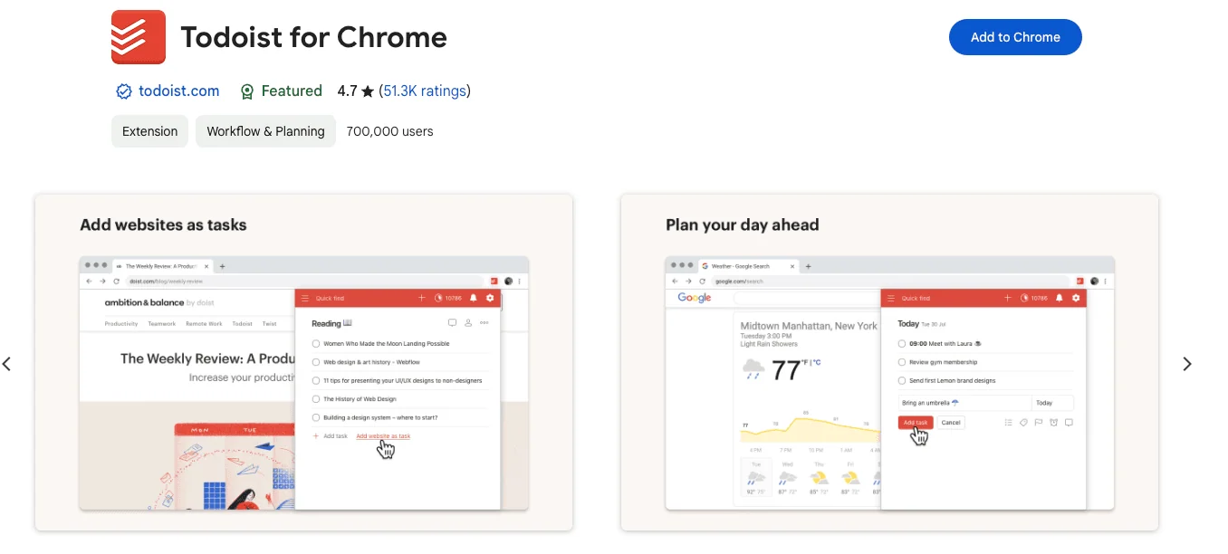 Screenshot of the Todoist Chrome extension page