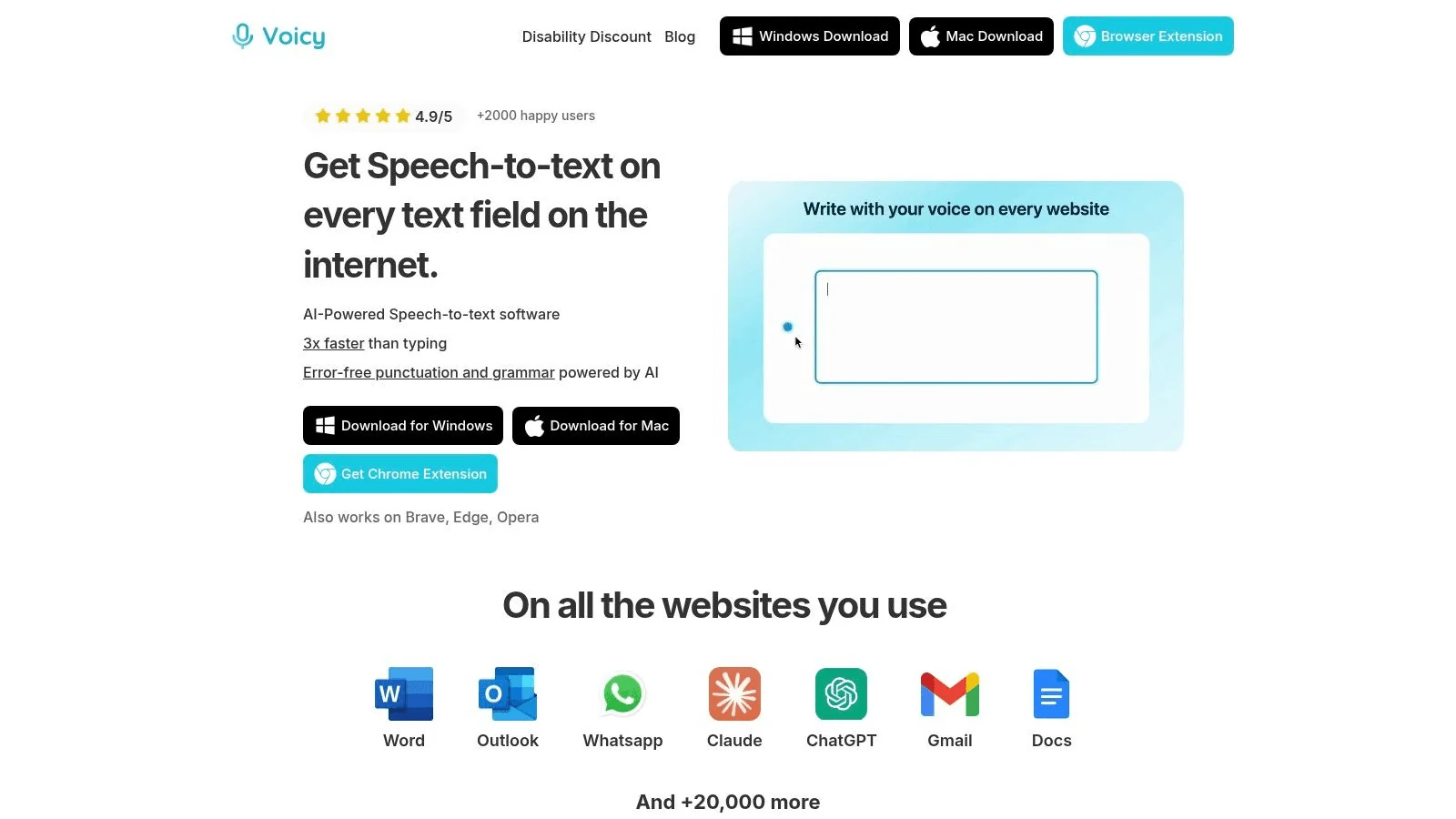 Screenshot of the Voicy speech-to-text homepage. 