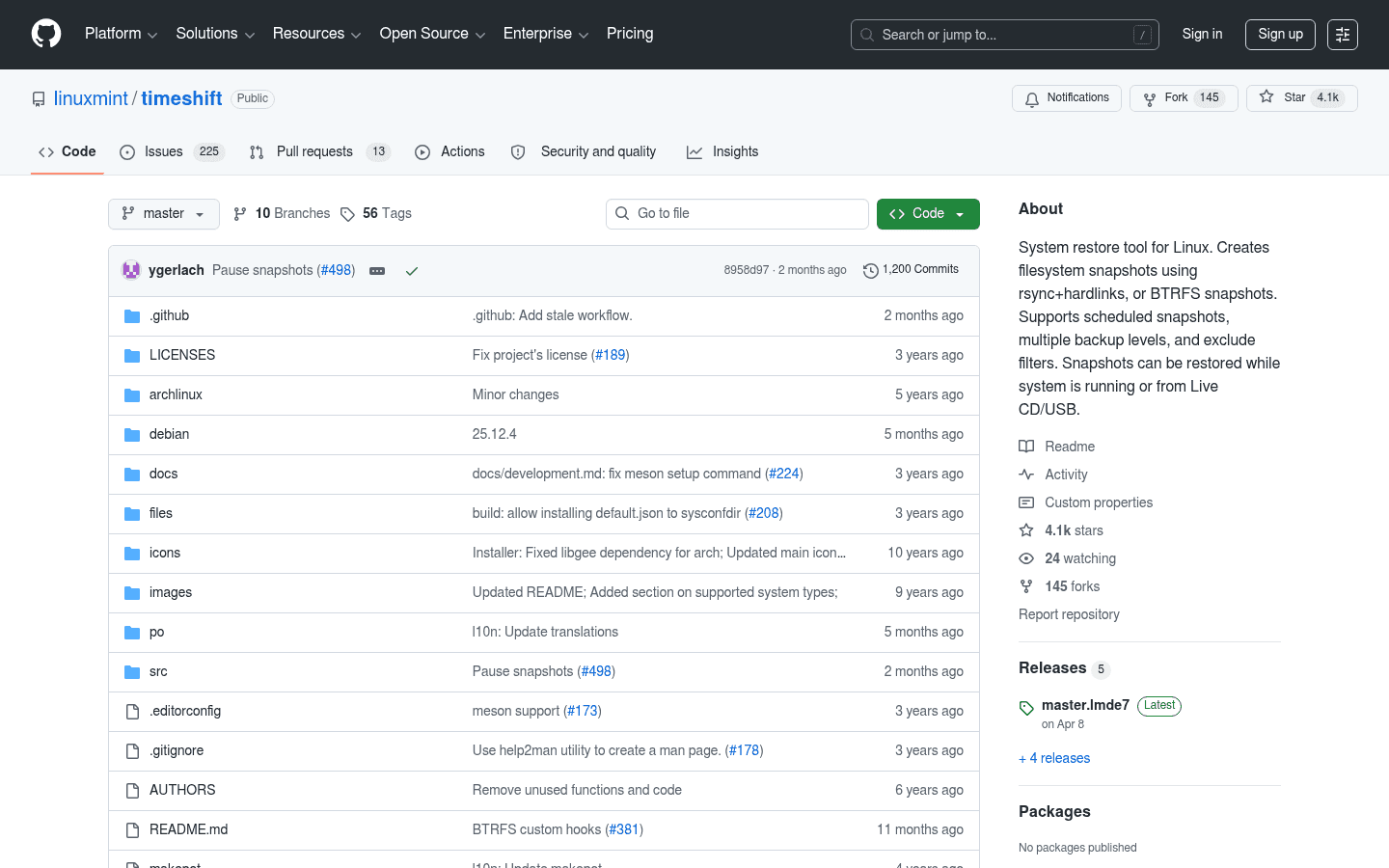 Timeshift GitHub repository screenshot