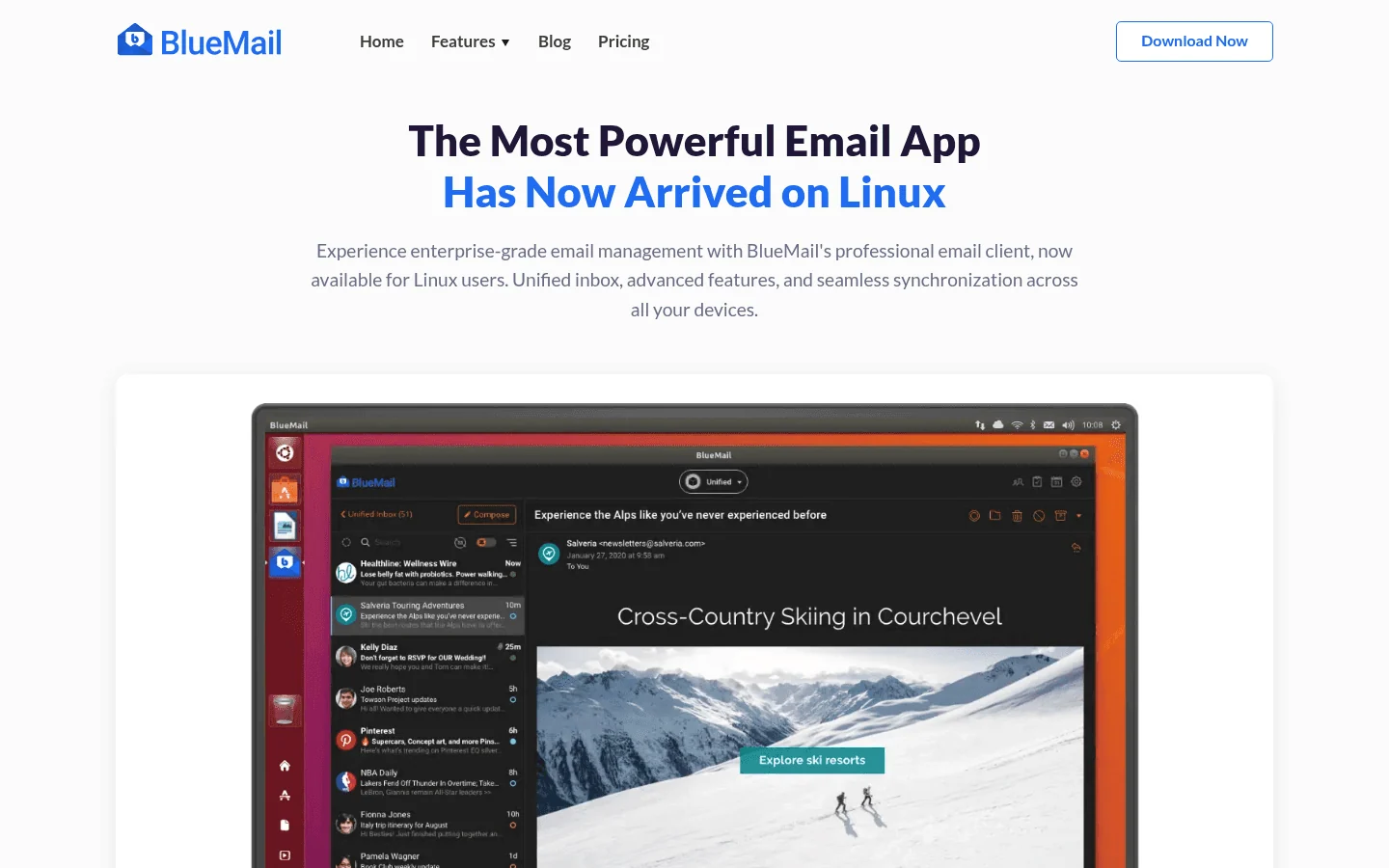 BlueMail Linux email client homepage screenshot