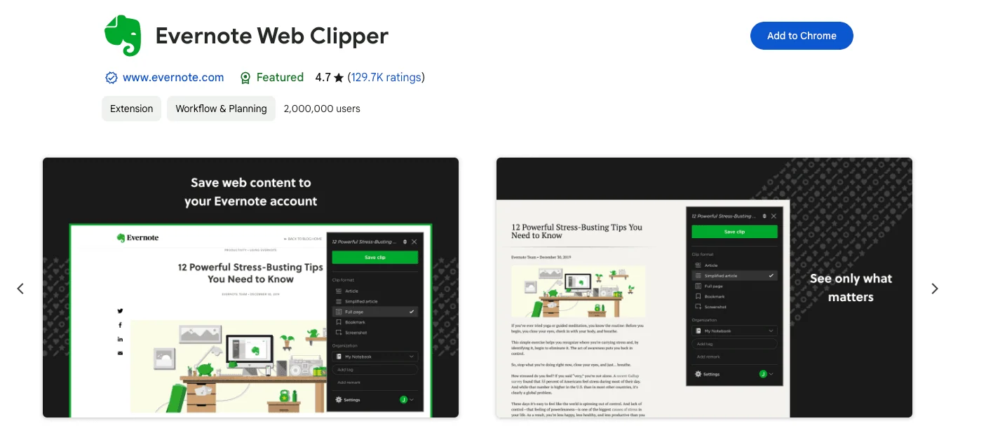 Screenshot of the Evernote Web Clipper Chrome Extension page