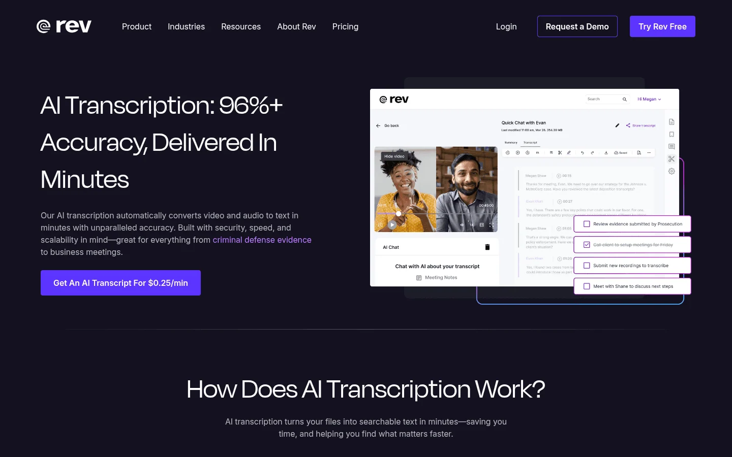 Rev AI transcription software homepage screenshot