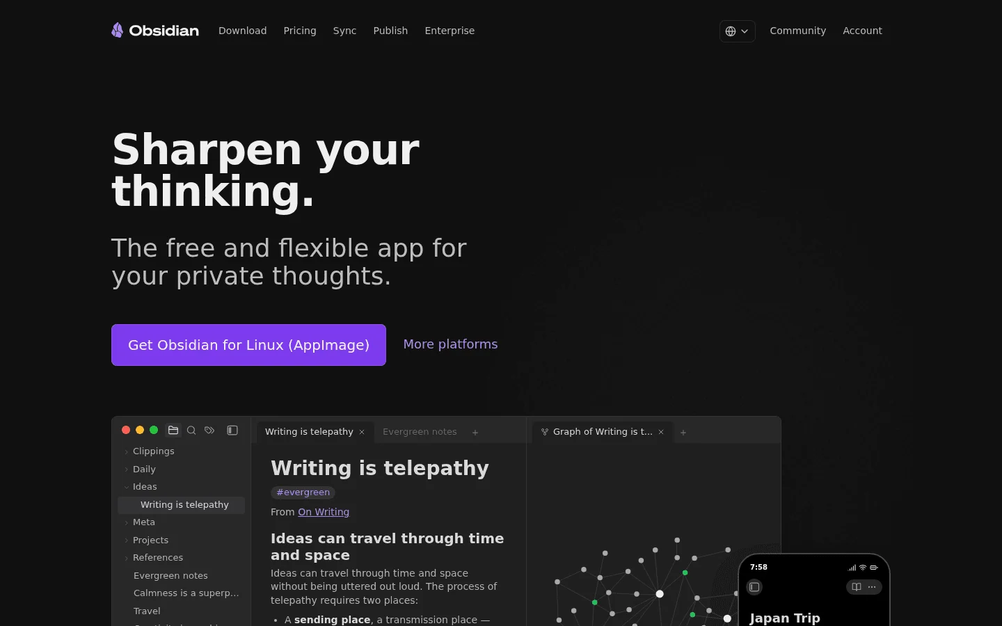 Obsidian notes app homepage screenshot