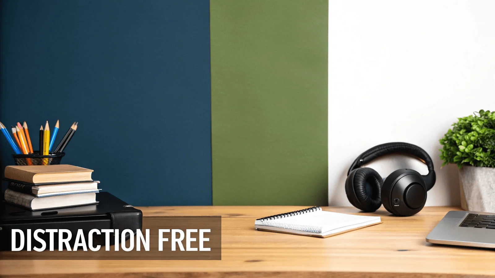 A cleaned up empty workspace with white text on black background saying distraction free. 