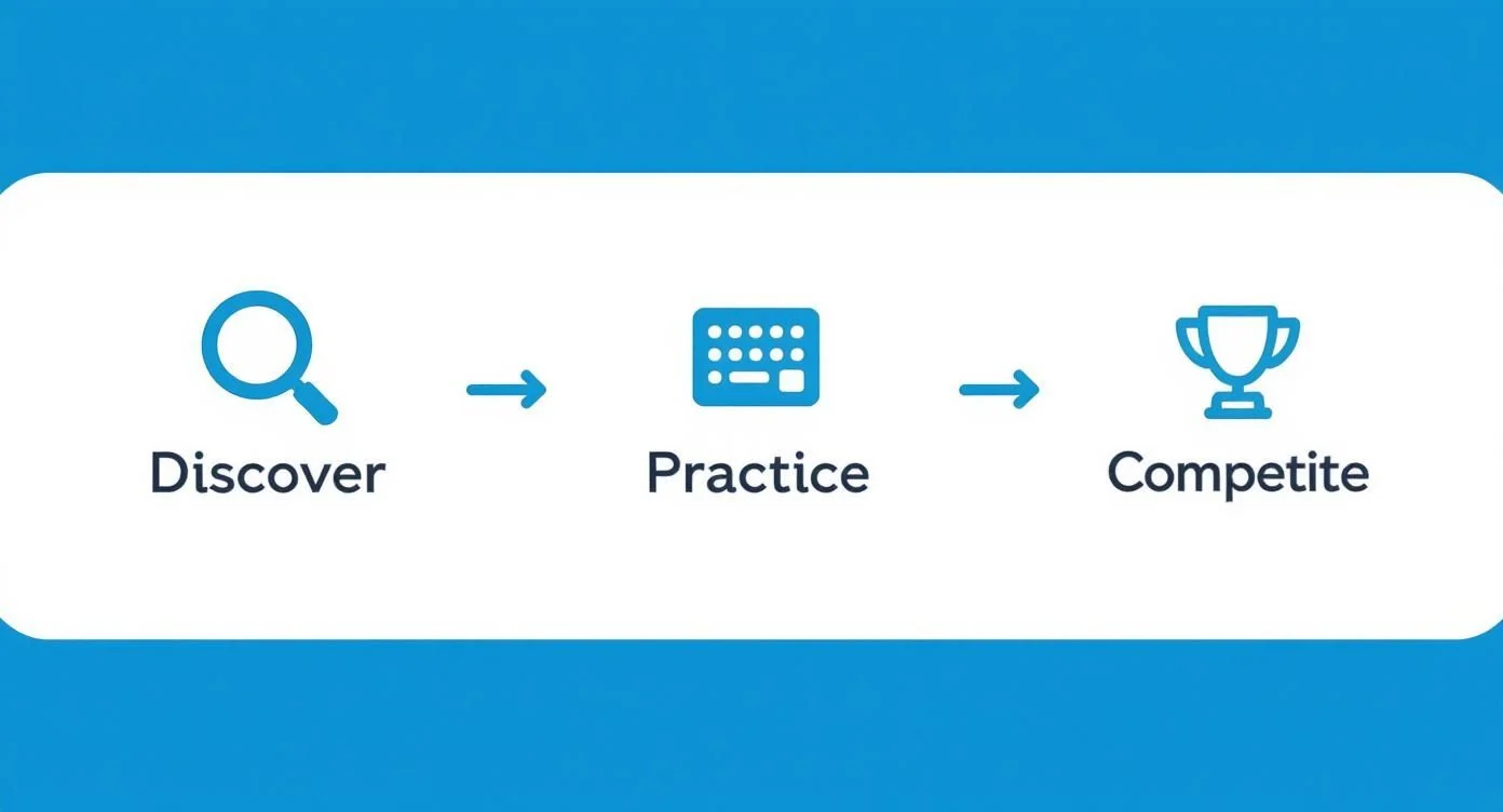 An infographic showing the process of finding and using typing tools, with icons for Discover, Practice, and Compete.