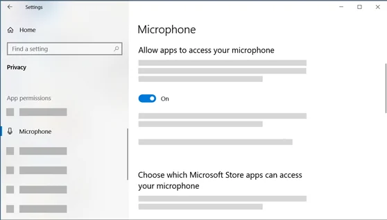 Microsoft Windows 10 Privacy Microphone settings screenshot with Allow apps to access your microphone switched on