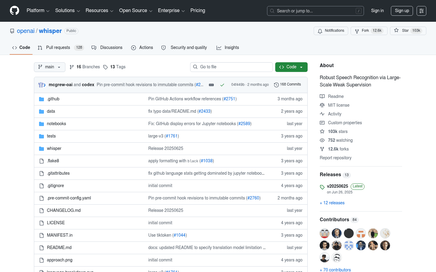 OpenAI Whisper GitHub repository screenshot
