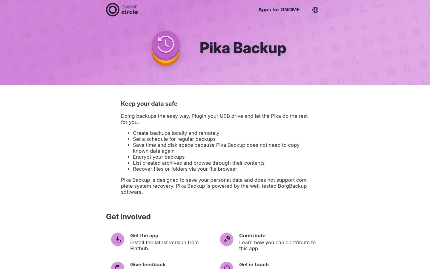 Pika Backup official GNOME page screenshot