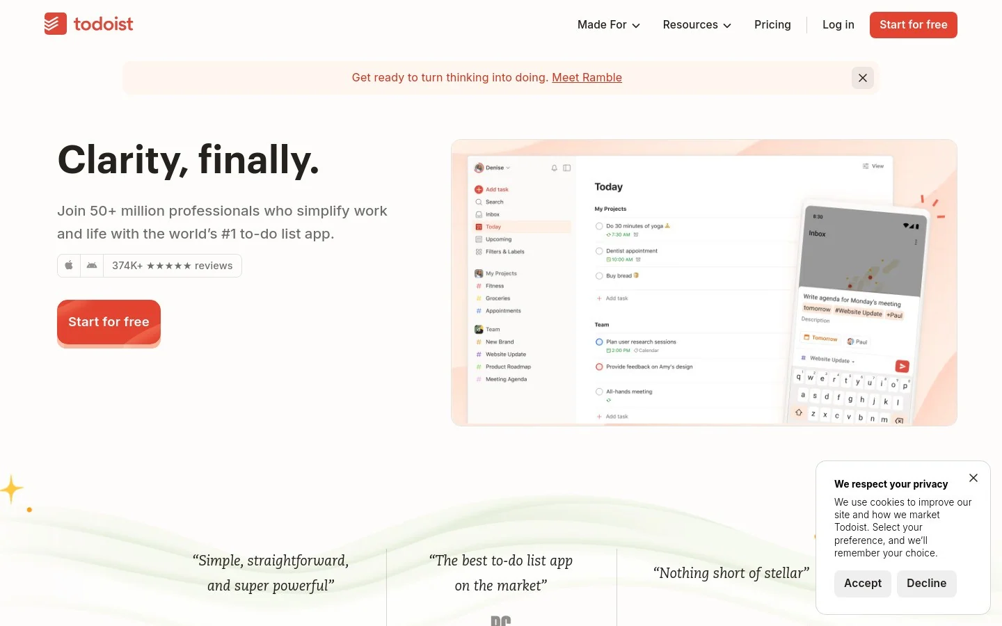 Todoist homepage screenshot