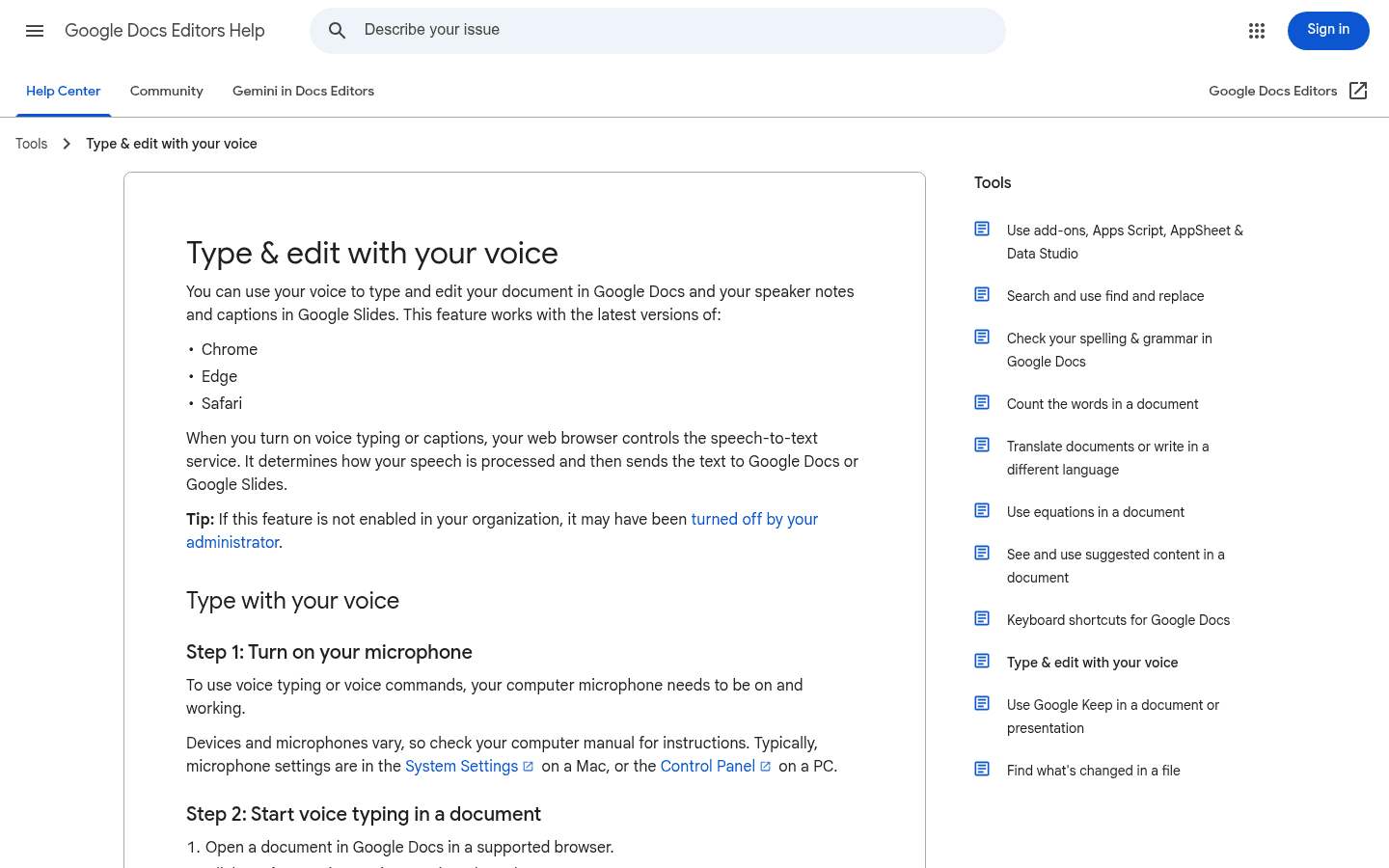 Google Docs Voice Typing support page screenshot