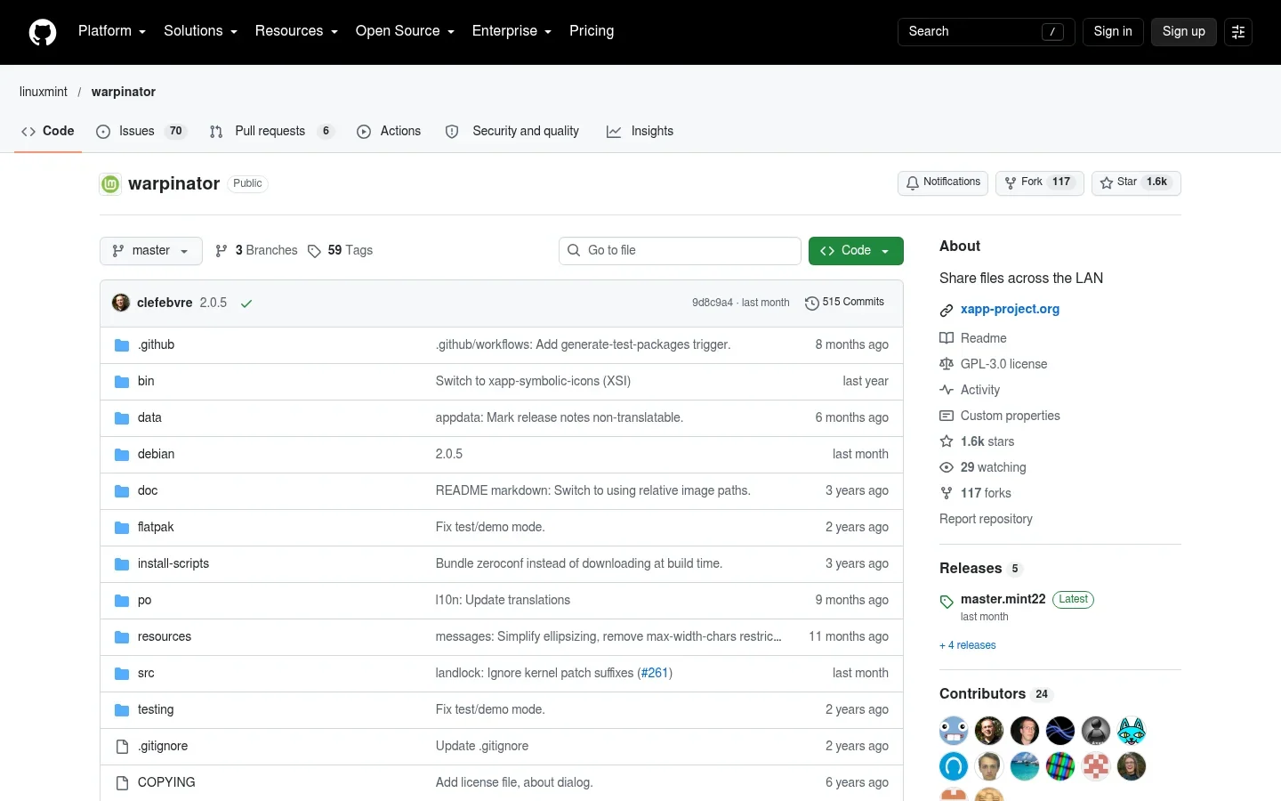 Warpinator official repository screenshot
