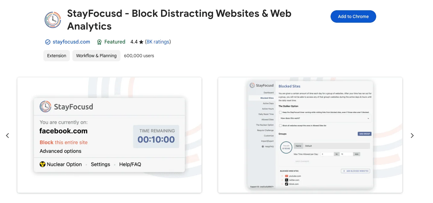 Screenshot of the StayFocusd Chrome extension page.