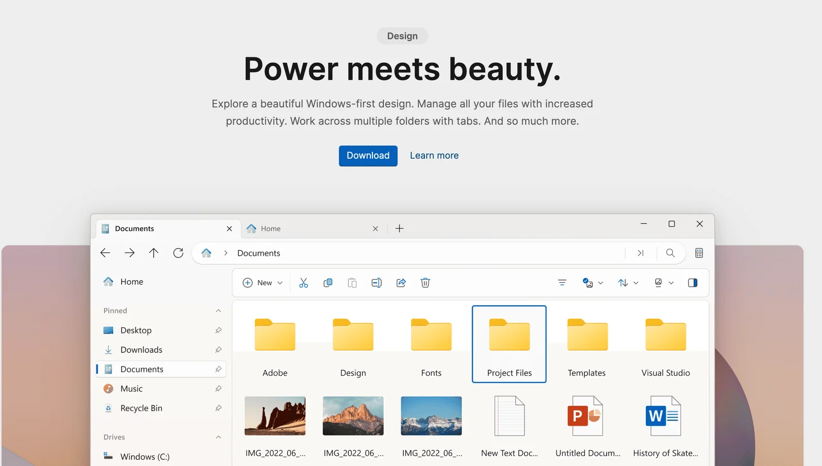 Files Windows 11 app homepage screenshot