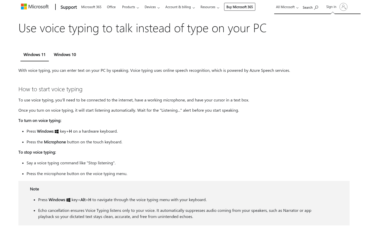 Windows Voice Typing support page screenshot