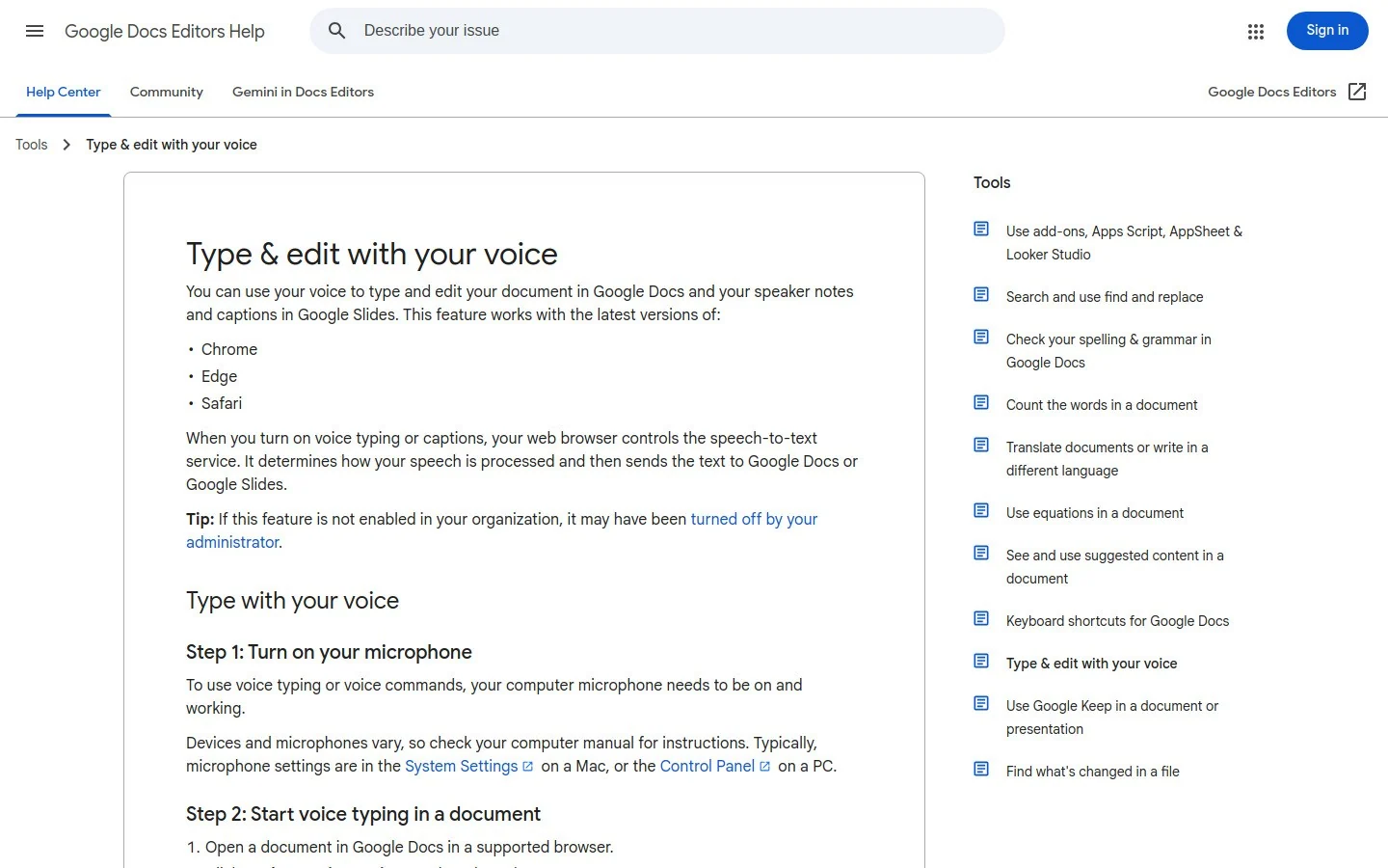 Google Docs Voice Typing screenshot