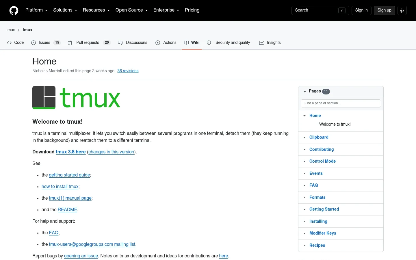 tmux official project wiki screenshot