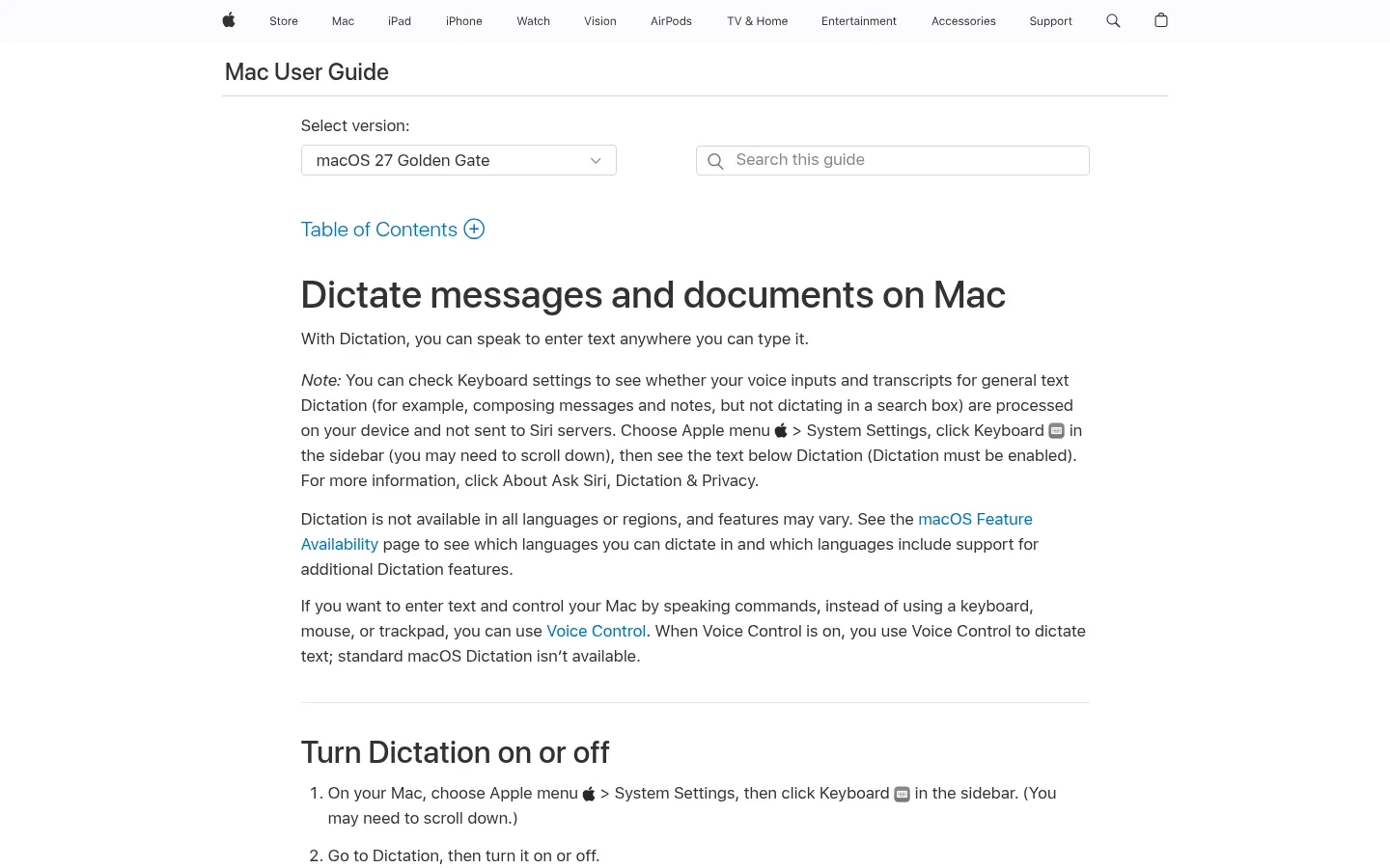 Apple official Dictation page for Mac