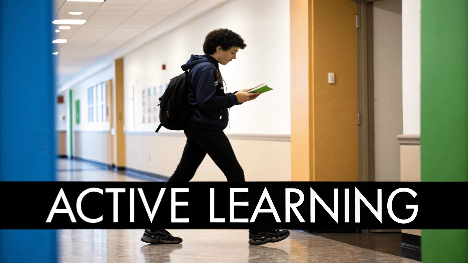Picture of a high school student reading a book while walking. 