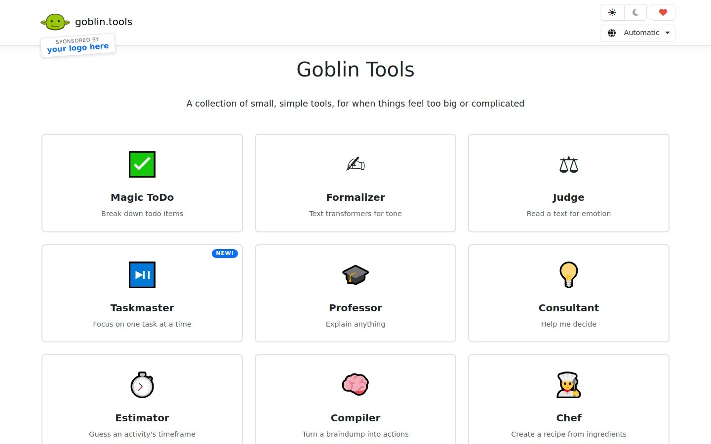 Goblin Tools homepage screenshot
