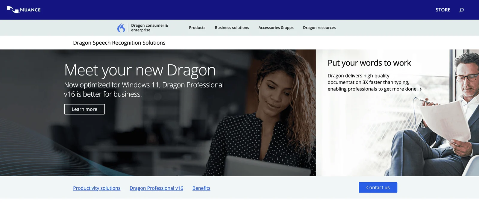 Homepage of Nuance Communications, Dragon Professional Note-Taking and Speech-to-Text Software. 