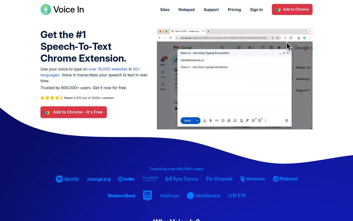 Voice In homepage screenshot for browser email dictation