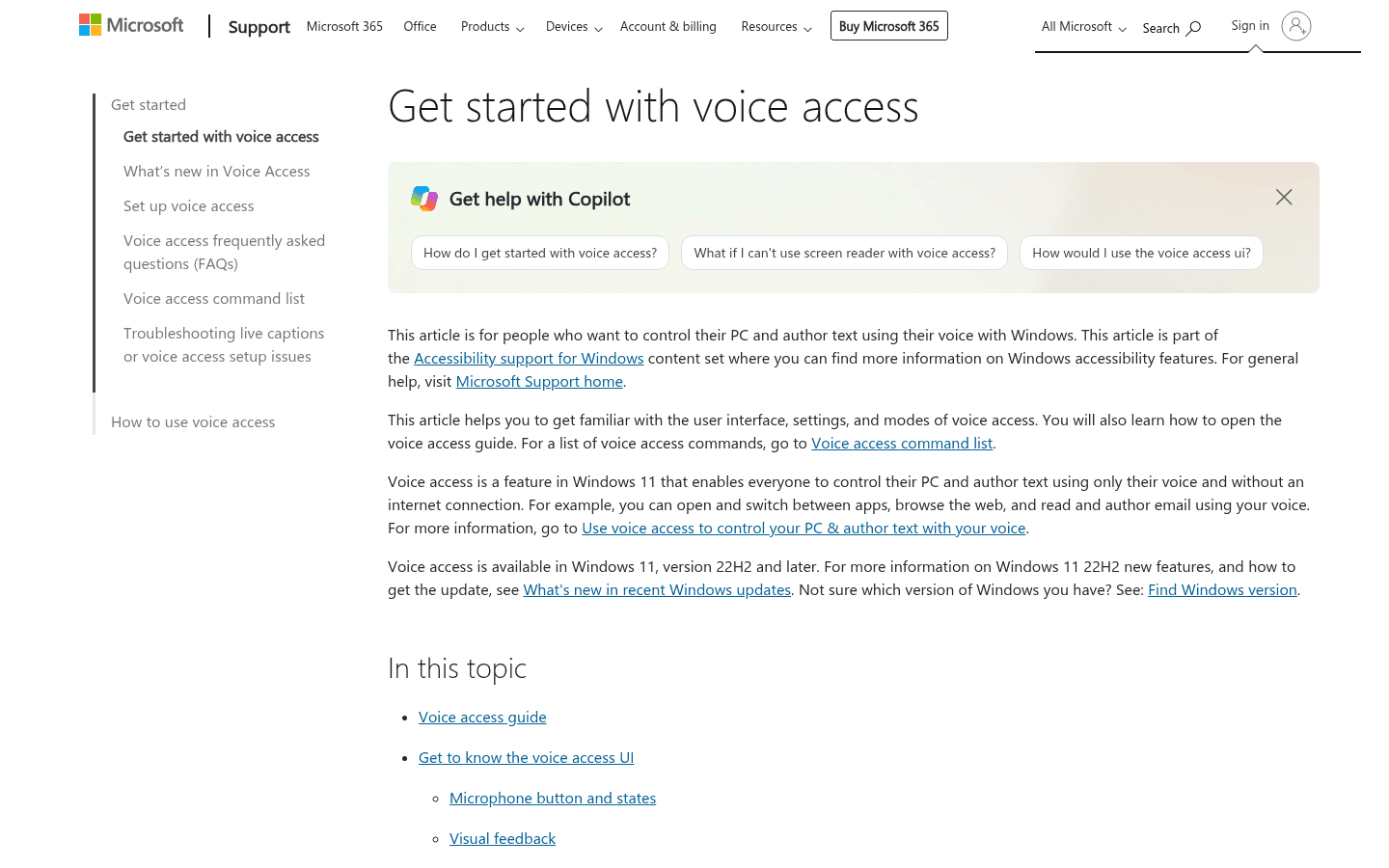 Windows Voice Access support page screenshot